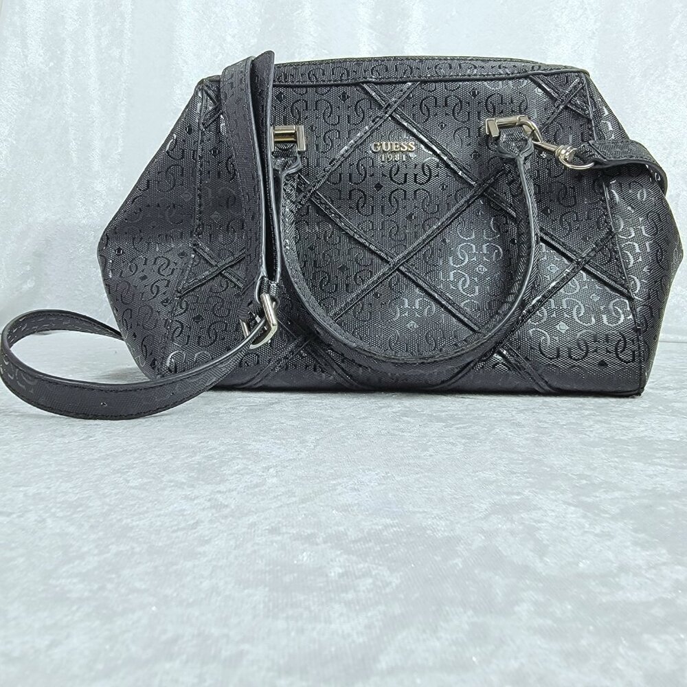 GUESS 1981 Black Logo Satchel Handbag PVC Monogram Boston Bag w/ Strap